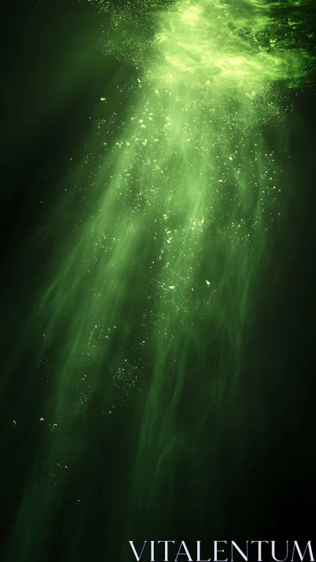 Emerald light shafts cascade through dark underwater void.
