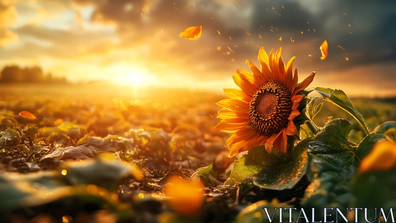 Sunflower in low field light at vivid golden sunset.