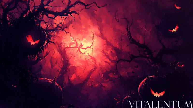 Jack-o-lantern silhouettes in red-lit twisted forest scene.