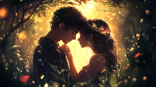 Couple in Luminous Forest Clearing at Golden Hour.