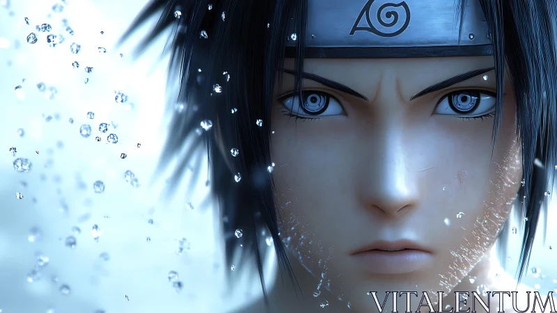 Hyperreal anime portrait isolates intense gaze amid water droplets