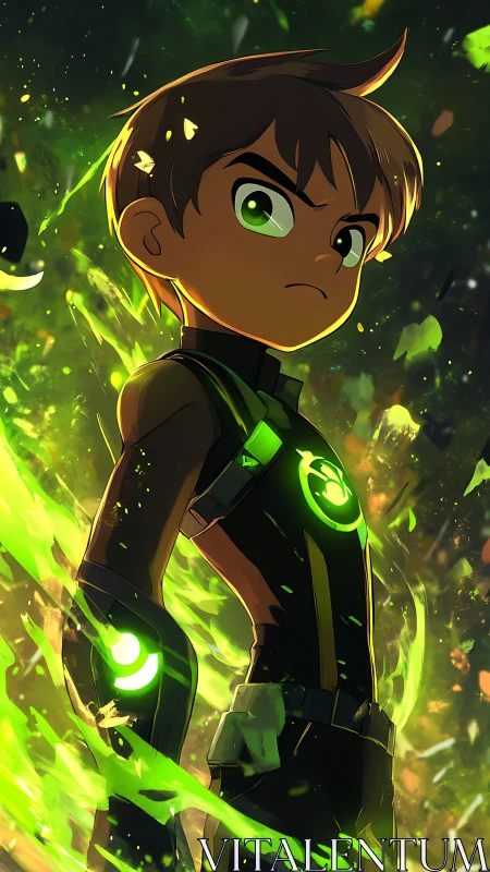 Energetic anime hero with neon green aura and glowing armor nodes