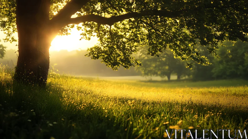 Sunlit tree and meadow in soft golden morning light.