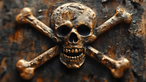Textured 3D skull-and-crossbones emblem in aged metallic relief.