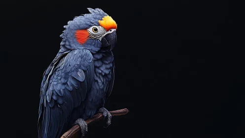 Striking dark-feathered parrot with vivid orange markings, studio style.