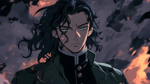 Storm-eyed anime hero stands calm amid rising flames