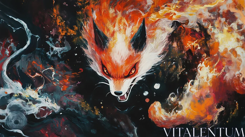 Blazing fox spirit erupts from swirling cosmic embers.