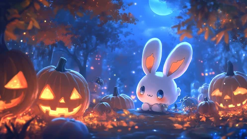 Cute glowing bunny sits among jack o lanterns at night