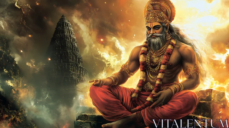 Mythic ascetic deity in fiery temple landscape with dramatic chiaroscuro