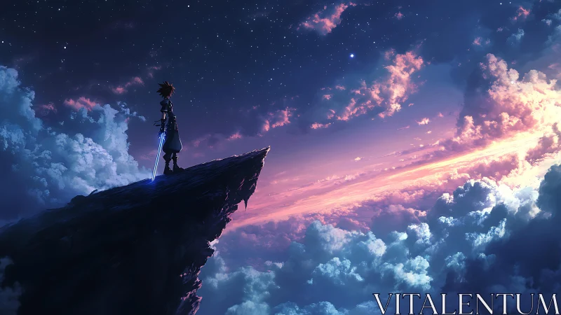 Sky-edge wanderer with glowing blade above stormlight.