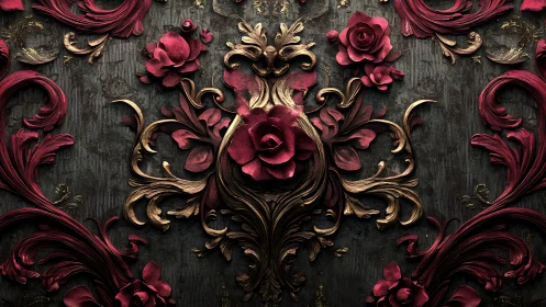 Baroque rose relief with gilded scrollwork against oxidized panel
