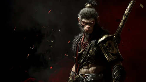 Mythic warrior monkey in ornate black and gold armor.