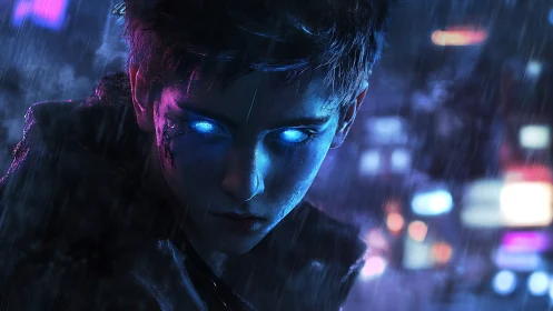 Cybernetic figure with glowing eyes in rainy neon cityscape.