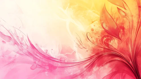 Vibrant pink floral swirls over warm glowing gradient.