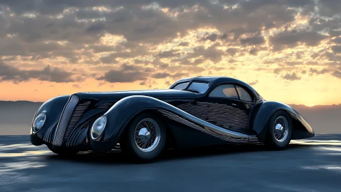 Streamlined retro coupe with cinematic sunset backlighting.