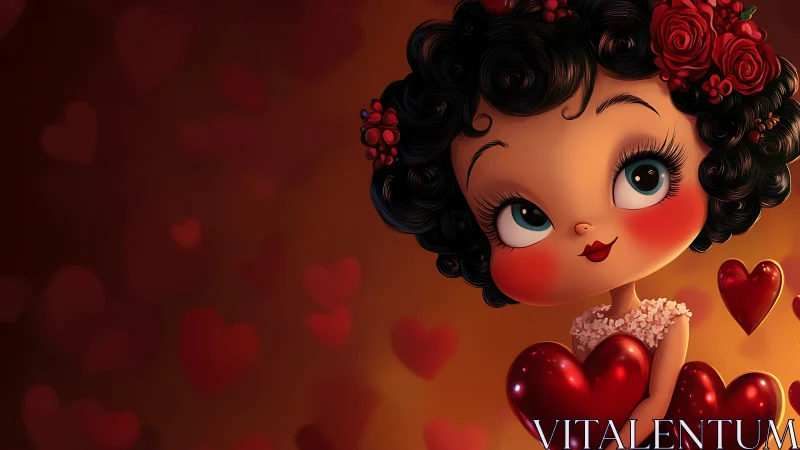 Vintage-Inspired Cartoon Character with Romantic Red Hearts