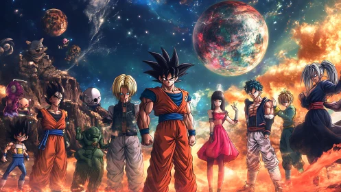 Anime heroes assemble under cosmic sky on fiery ridge.