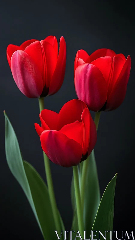 Three red tulips with vibrant petals against dark background