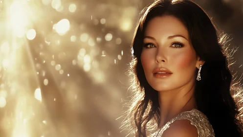 Golden hour muse glowing amid cascading light and shimmer.