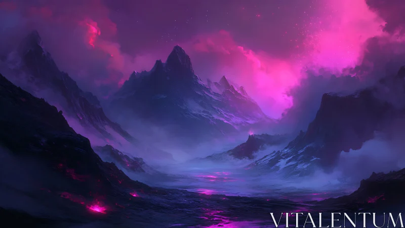 Nebula-lit mountains cradle a glowing magenta dreamscape.