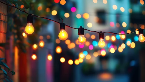 String lights with multicolor urban bokeh at twilight.