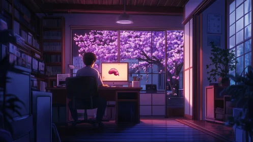Digital study with sakura window and contemplative figure at desk.