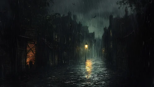 Rain-soaked cobblestone alley with single gaslamp and wet speculars