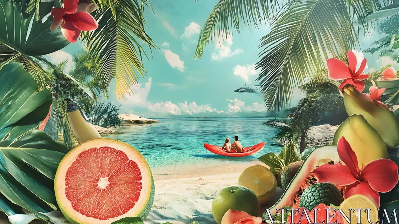 Tropical Beach Scene with Fruit and Flora Framing.