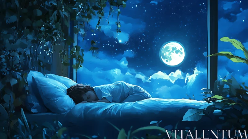 Moonlit bedroom dreamscape with sleeping child and plants.