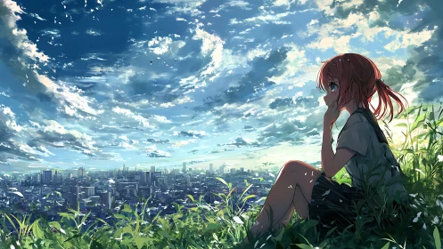 Thoughtful girl watching a sunlit city under vast skies.