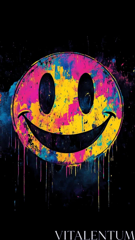 Neon smiley graffiti drips color against a dark urban void