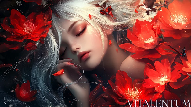 Digital portrait of pale woman with red flowers and butterflies.