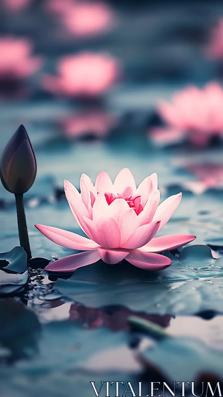 Soft-focus lotus macro in cool-toned aquatic bokeh field.
