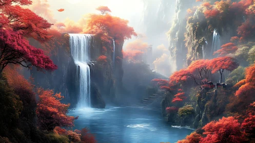 Misty river valley with waterfalls and red autumn forest.
