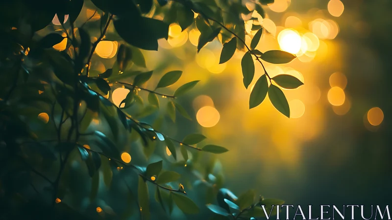 Sunlit green leaves with dreamy golden bokeh background, nature photography.