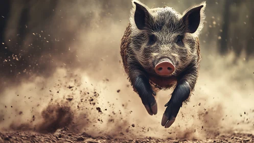 Wild boar sprinting through dust in dynamic close-up shot.
