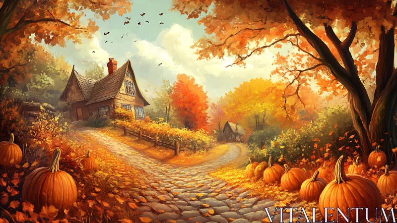 Pumpkin lane curls past a crooked cottage in amber autumn.
