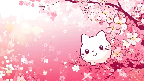 Playful cartoon kitten peeks out from dreamy cherry blossoms