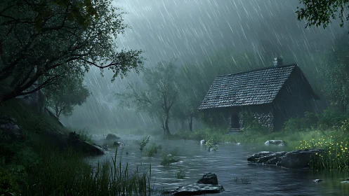 Rain-soaked forest cabin leans into the hush of silver storms