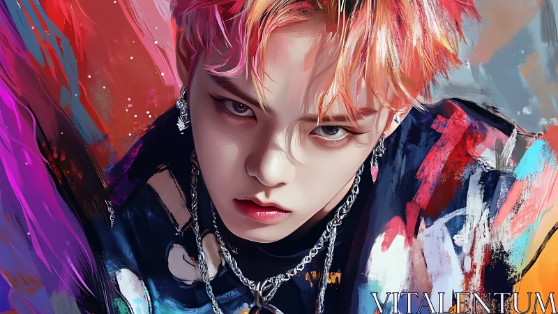 Stylized portrait depicts intense gaze amid abstract strokes