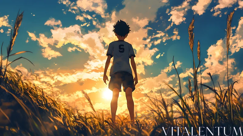 Sunlit summer field welcomes a thoughtful boy at dusk
