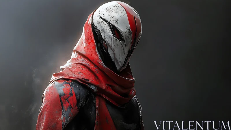 Red-hooded cyber sentinel studies the shadows in silence