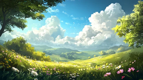 Digital landscape of flowered meadow under cumulus clouds.