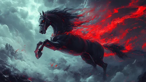 Infernal warhorse charging through stormlit volcanic skies.