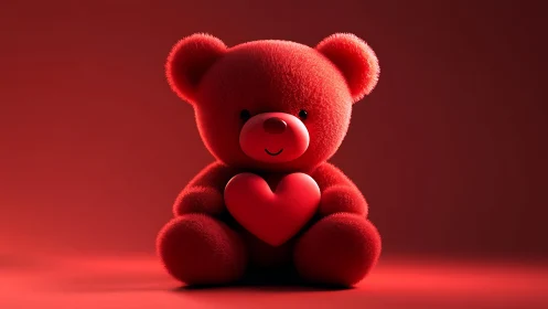 Red plush bear holding heart object in monochrome light.