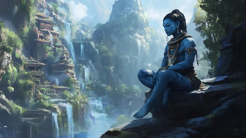 Blue meditative deity overlooks misty waterfall temples