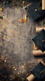 Graduation caps and scrolls on rustic textured backdrop.