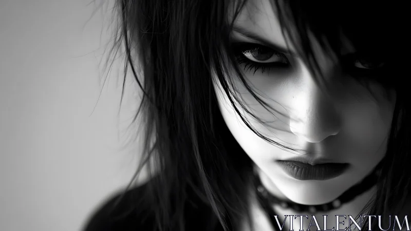 Monochrome goth portrait isolates an intense, shadowed gaze