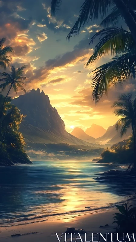 Tropical mountain coast under glowing sunset sky.