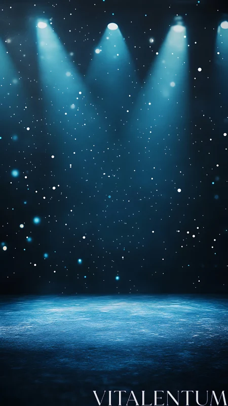 Empty blue stage under spotlights with floating light particles.